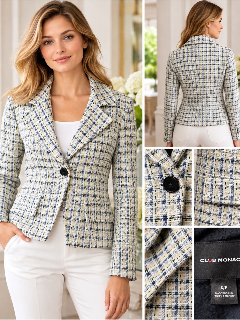 Club Monaco Women’s Tweed Plaid Blazer Jacket Size S Blue Cream